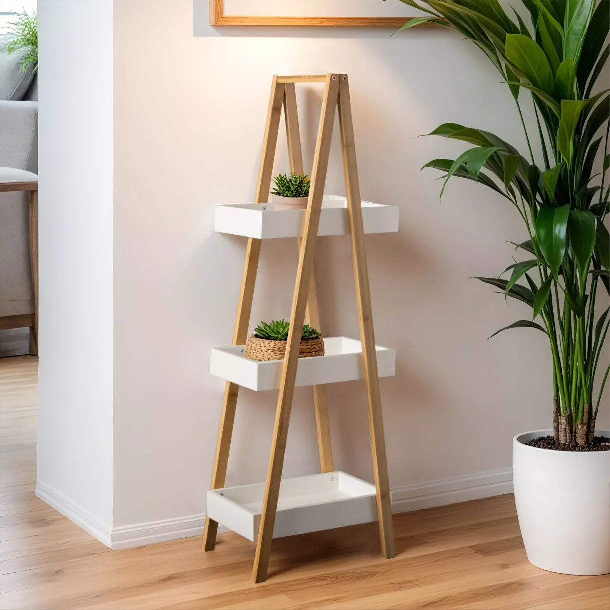 eminza Etagère bois et bambou (H84 cm) Pyramide 3 niveaux Blanche