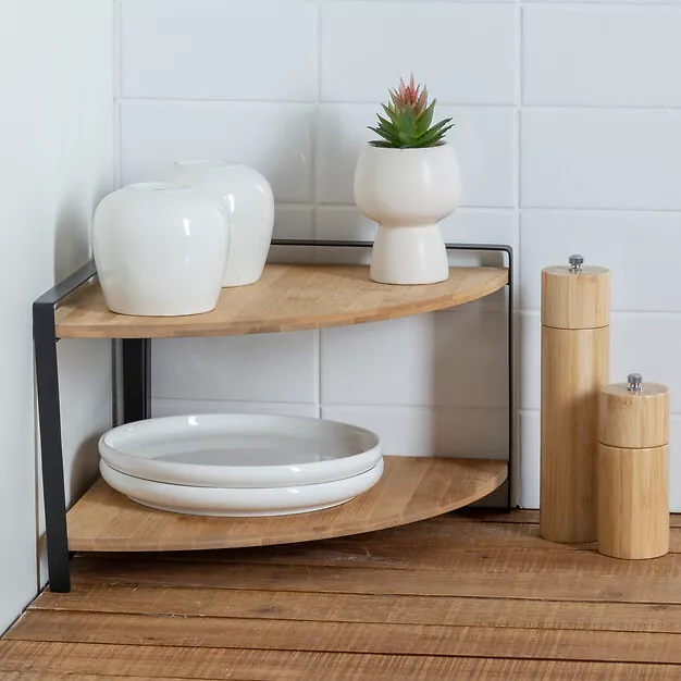 eminza Etagère d'angle bois 2 niveaux (H20 5 cm) Ordera Noire