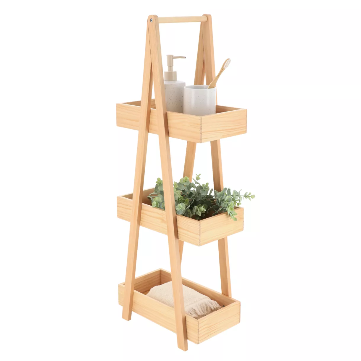 eminza Etagère en bois 3 niveaux (H80 cm) Pyramide Naturel
