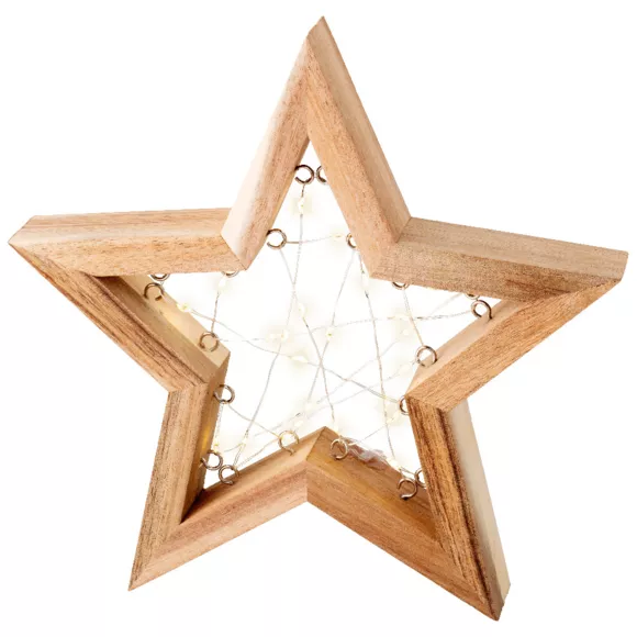 Eminza Étoile Lumineuse à Piles 23 LED (H24 Cm) Astre En Bois Blanc Chaud