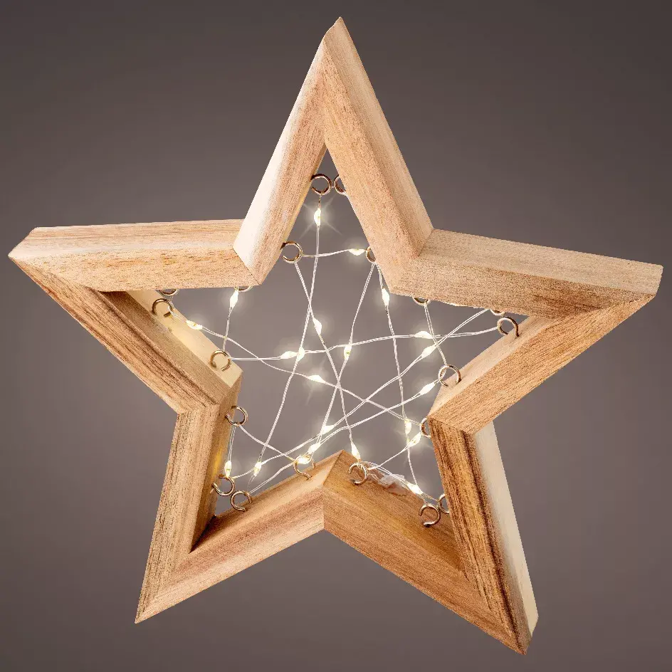 eminza Étoile lumineuse à piles 23 LED (H24 cm) Astre en bois Blanc chaud