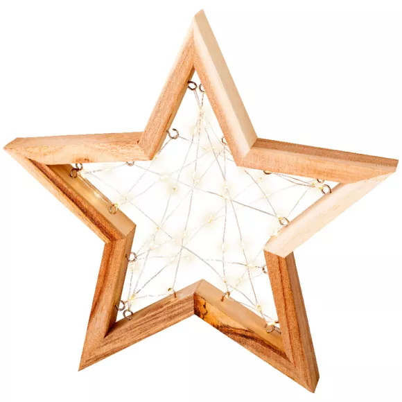 Eminza Étoile Lumineuse à Piles 50 LED (H30 Cm) Astre En Bois Blanc Chaud