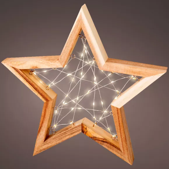 Eminza Étoile Lumineuse à Piles 50 LED (H30 Cm) Astre En Bois Blanc Chaud