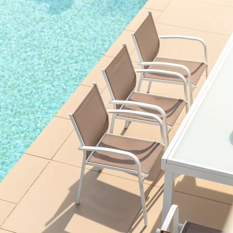 Eminza Fauteuil De Jardin Aluminium Empilable Murano Blanc Et Taupe