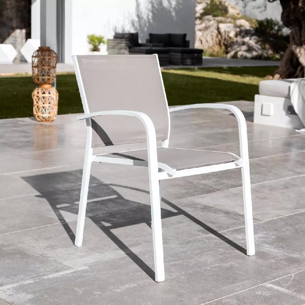 eminza Fauteuil de jardin aluminium empilable Murano Blanc et taupe