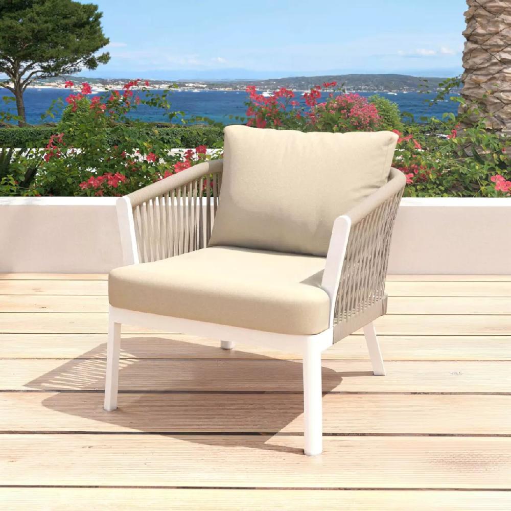eminza Fauteuil de jardin détente en aluminium Amalfi Blanc et beige