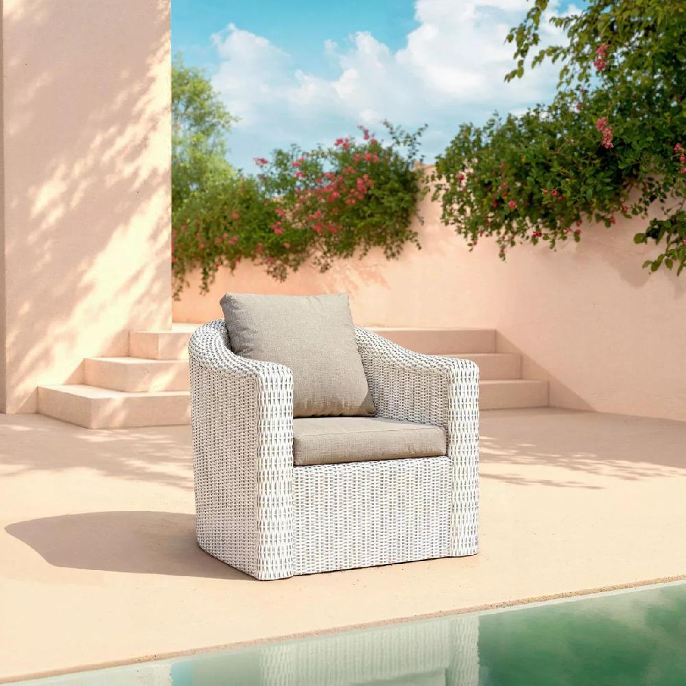 eminza Fauteuil de jardin en résine tressée Calvi Blanc et taupe