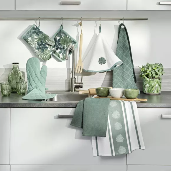 Eminza Gant Et Manique Coton Ardenia Motif Vert Sauge