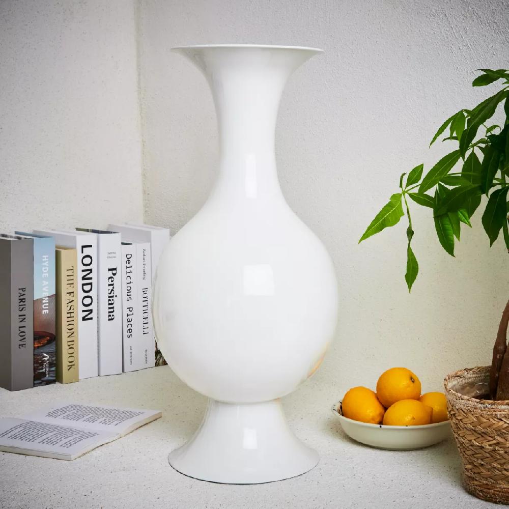 eminza Grand Vase en métal émaillé fait main (H56 cm) Soléa Blanc brillant