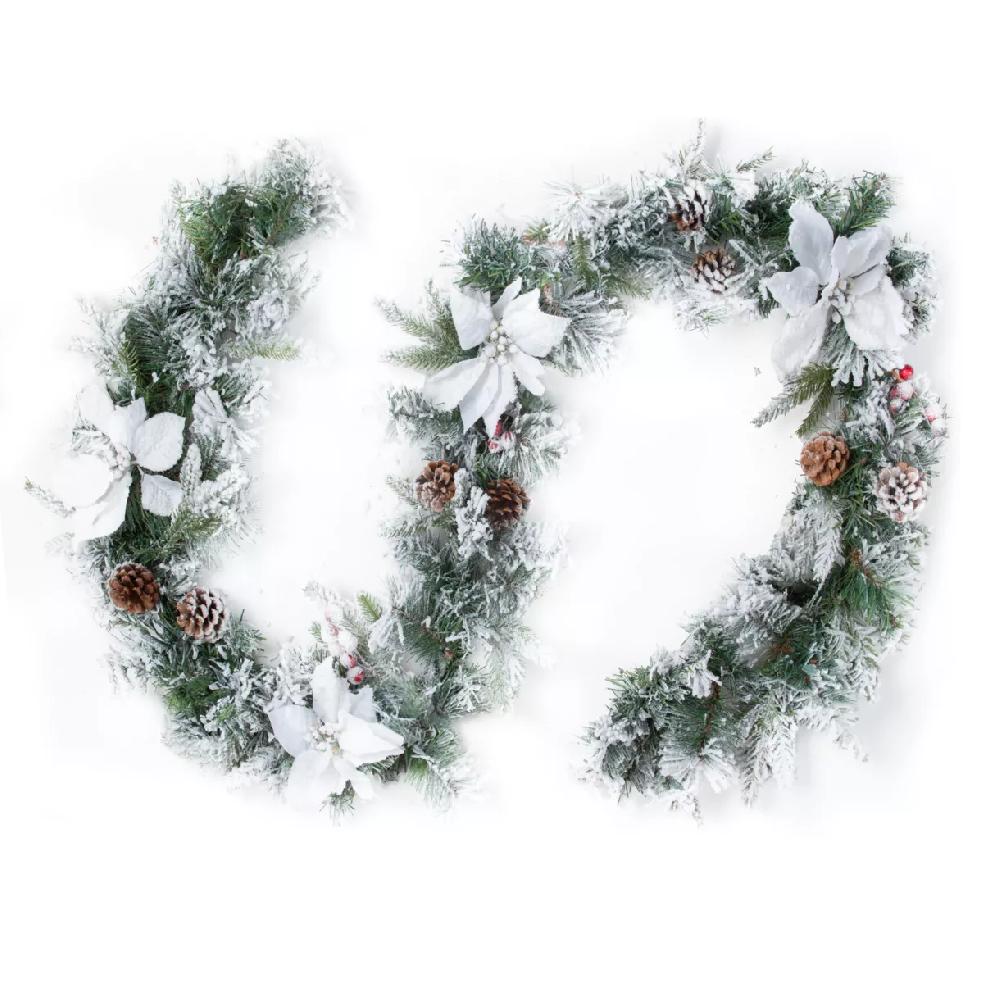 eminza Guirlande de sapin (200 cm) Poinsettia luxe Blanc