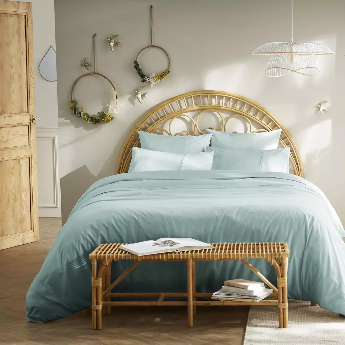 eminza Housse de couette dentelle coton (260 x 240 cm) Jeanne Bleu clair