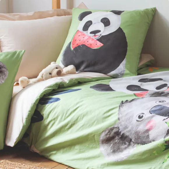 Eminza Housse De Couette Enfant Percale De Coton (140 X 200 Cm) Panda Verte