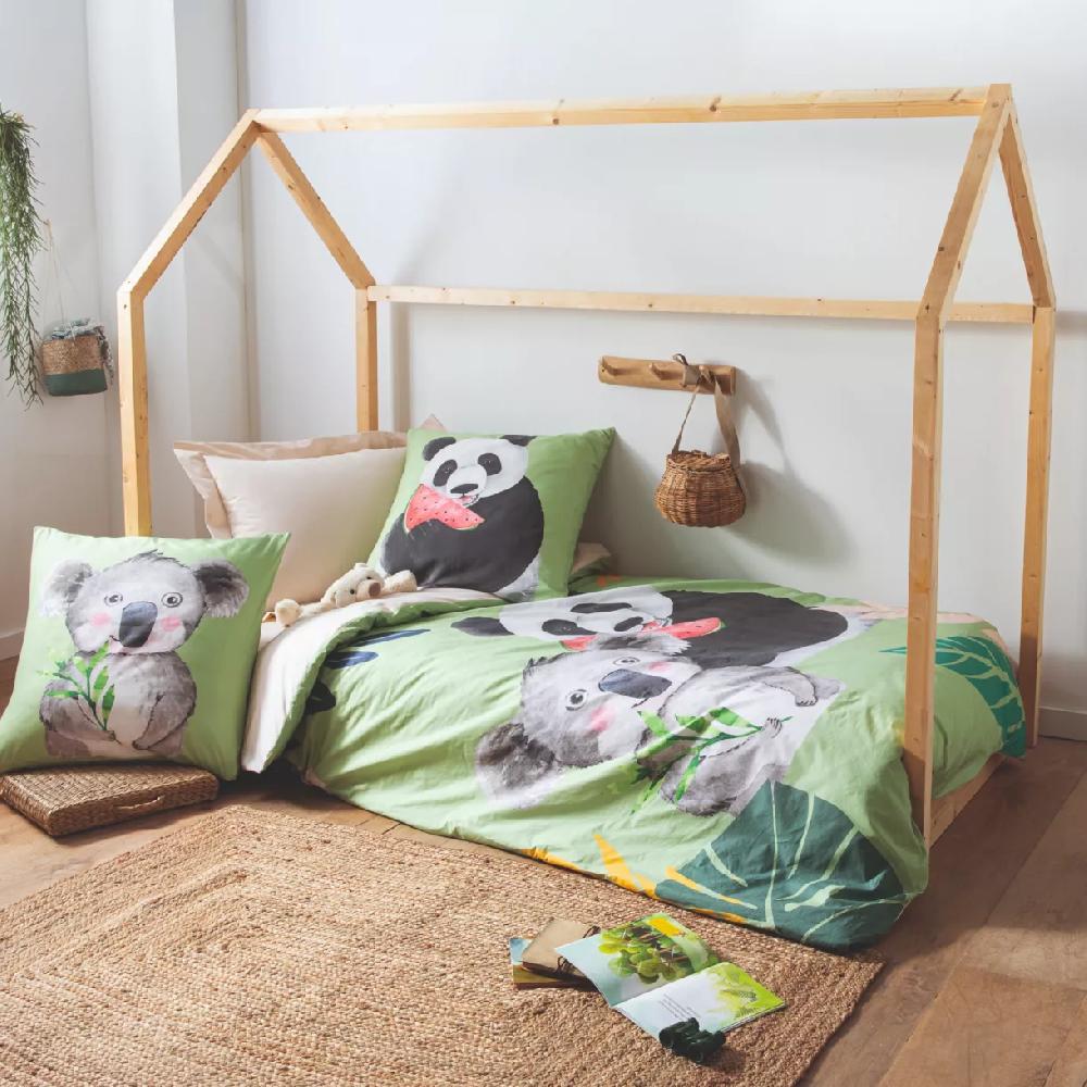 eminza Housse de couette enfant percale de coton (200 x 200 cm) Panda Verte
