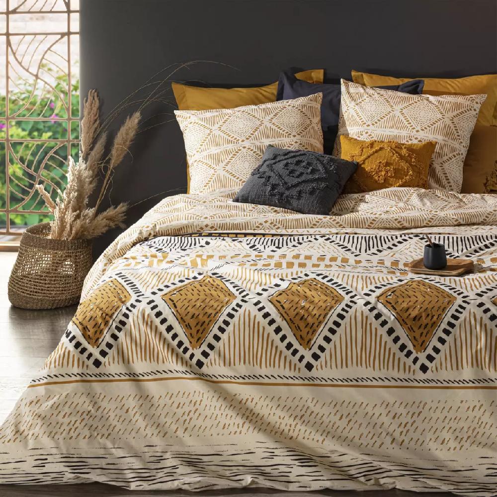 eminza Housse de couette et deux taies coton (240 x 220 cm) Ray kilim Jaune ocre
