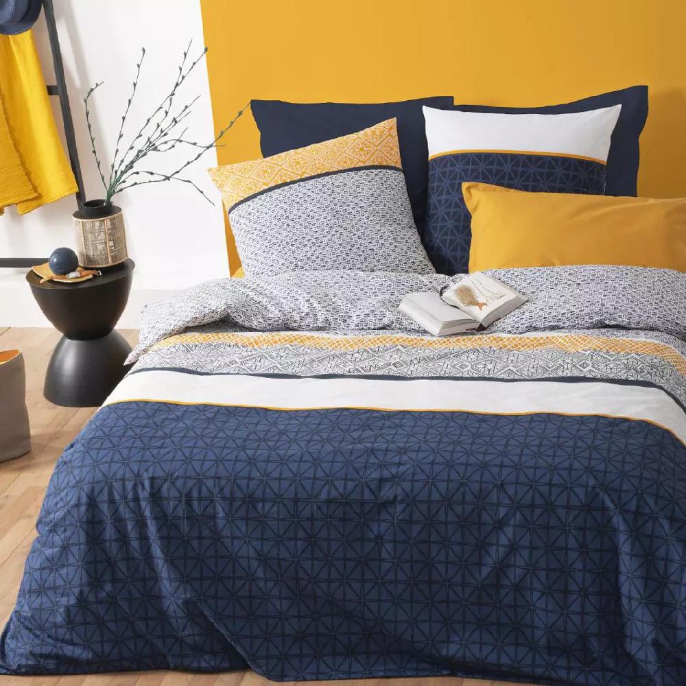 eminza Housse de couette et deux taies coton (240 x 220 cm) Ray Etni Bleue