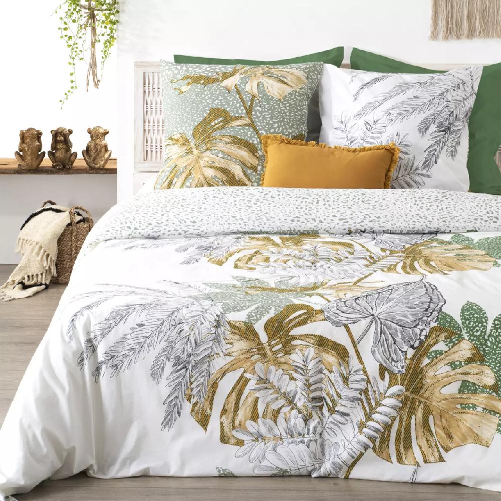 eminza Housse de couette et deux taies coton (240 x 220 cm) Monstera Multicolore