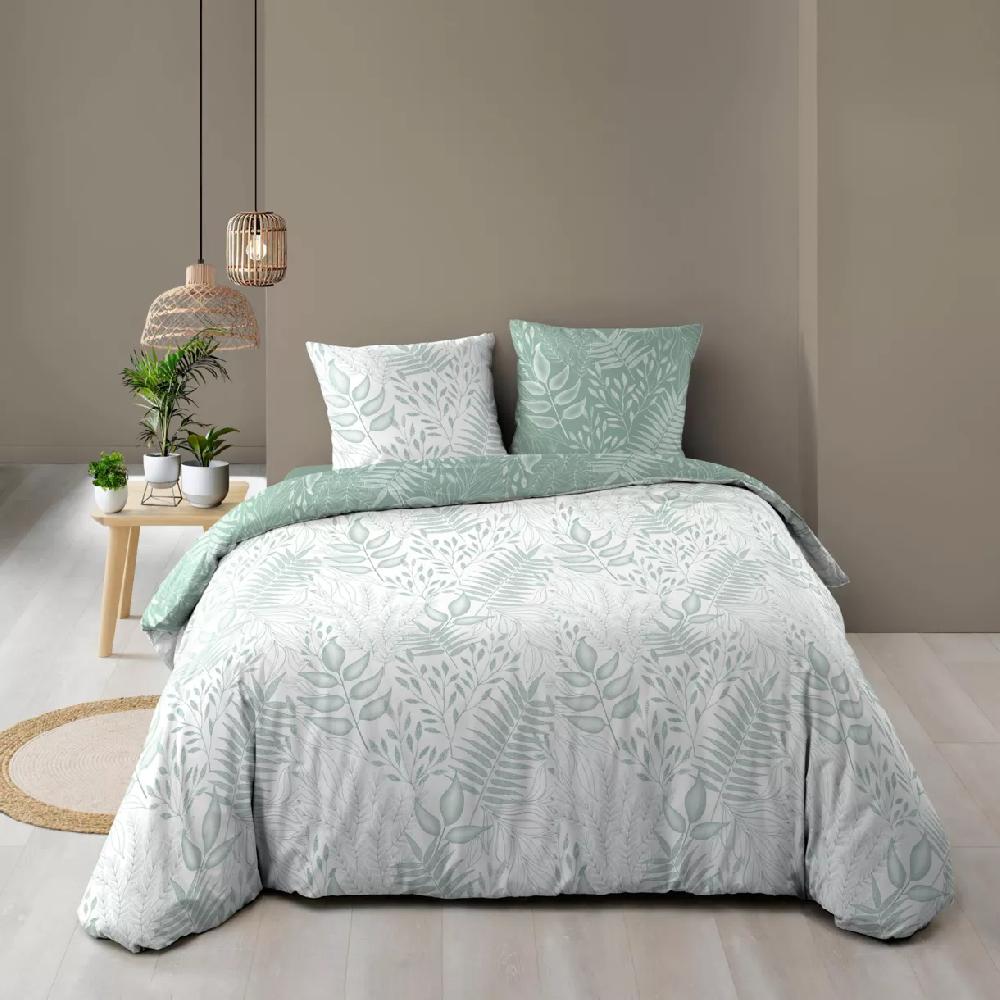 eminza Housse de couette et deux taies coton (260 x 240 cm) Cassia Vert sauge