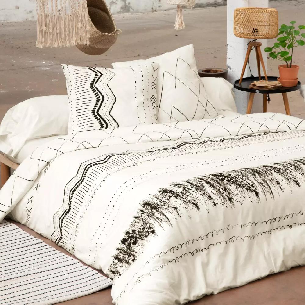 eminza Housse de couette et deux taies coton (260 x 240 cm) Berbère Noire