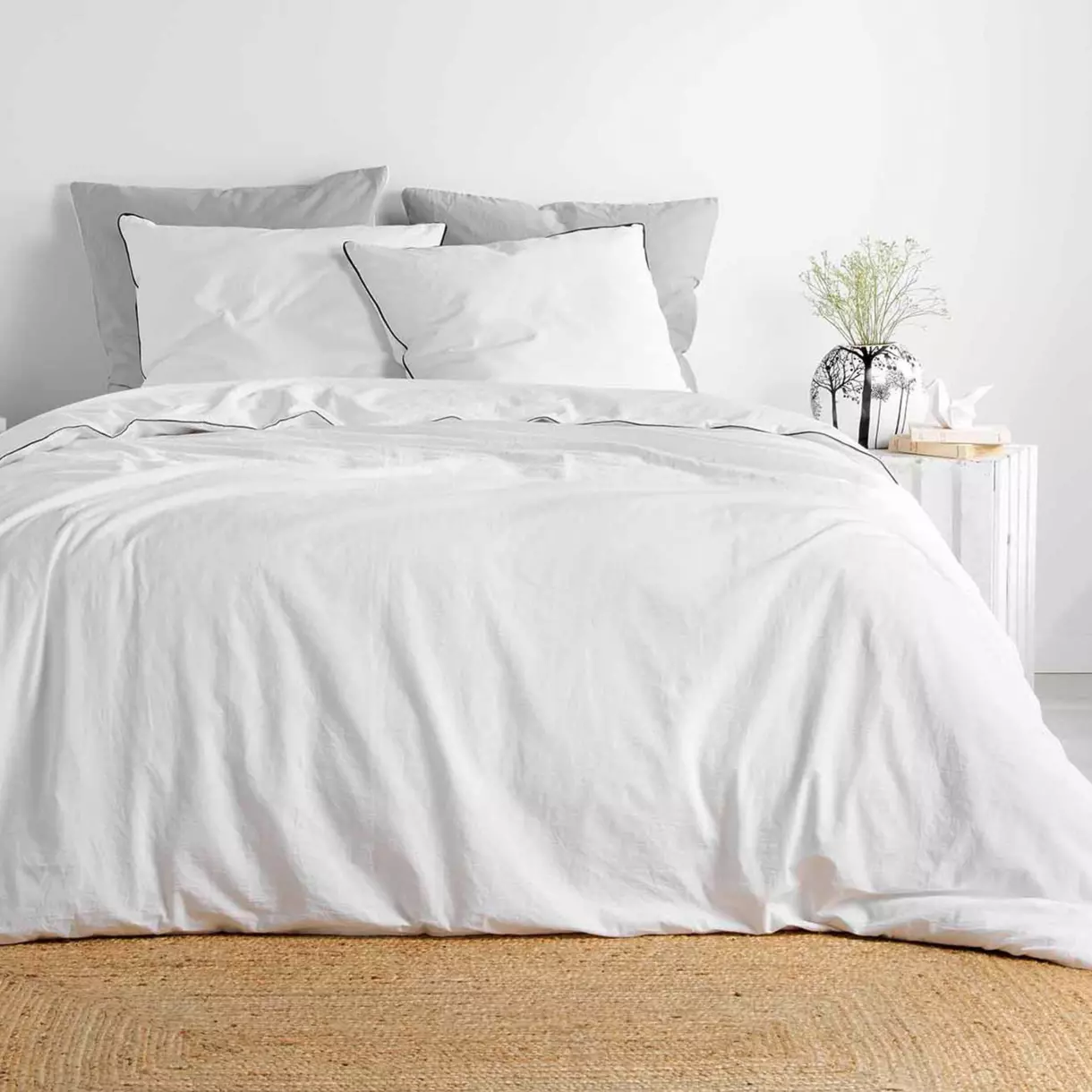 eminza Housse de couette et deux taies coton lavé (240 x 220 cm) Linette Blanche
