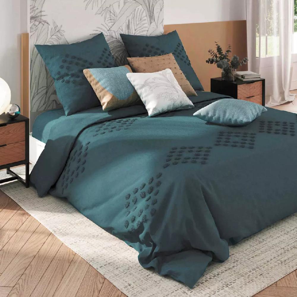 eminza Housse de couette et deux taies coton lavé (260 x 240 cm) Moura Bleu canard