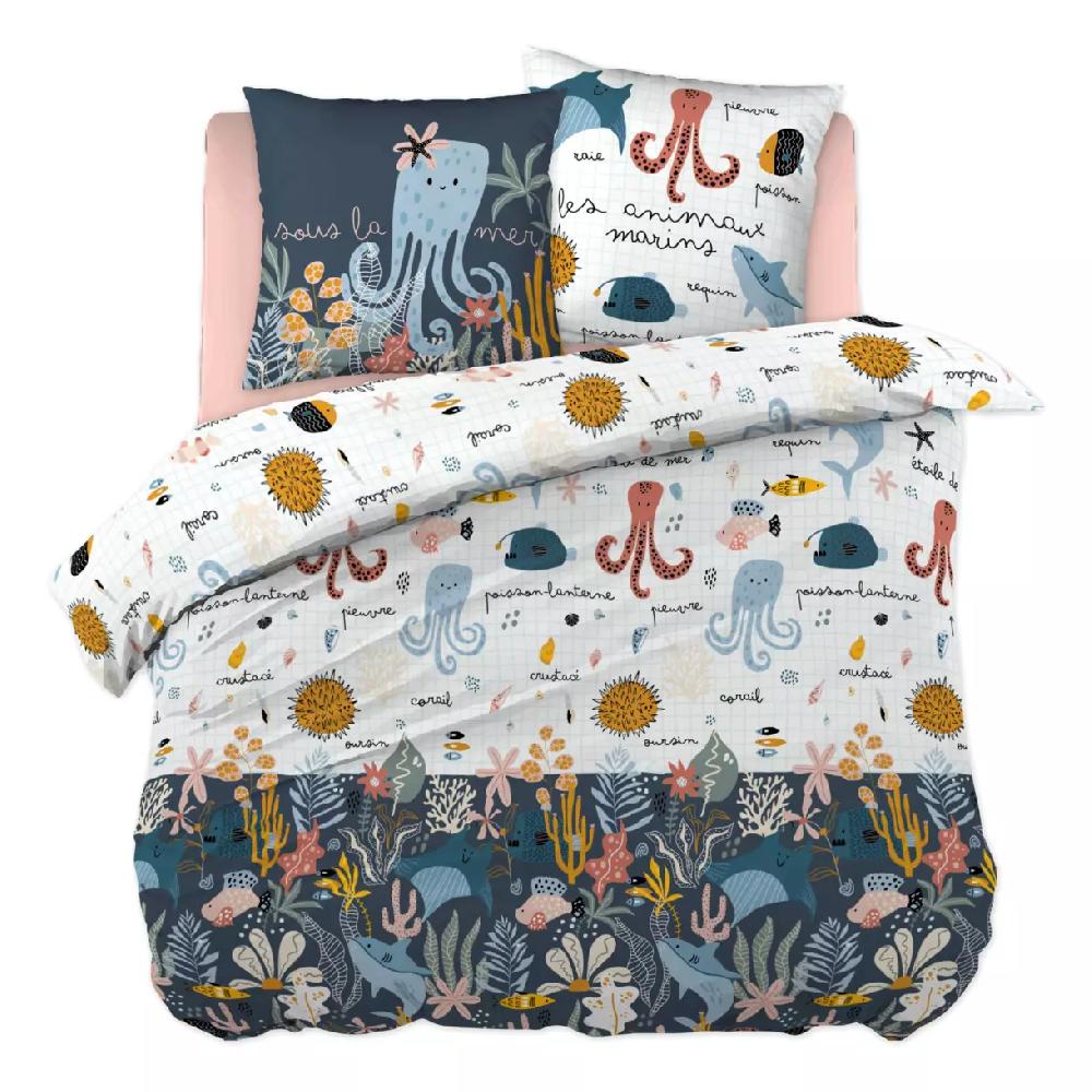 eminza Housse de couette et deux taies enfant coton (240 x 220 cm) Octopia Multicolore
