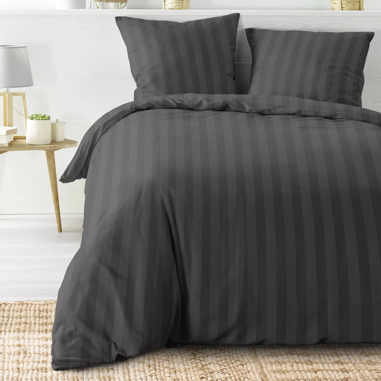 eminza Housse de couette et deux taies microfibre (240 x 220 cm) Cleo Gris anthracite