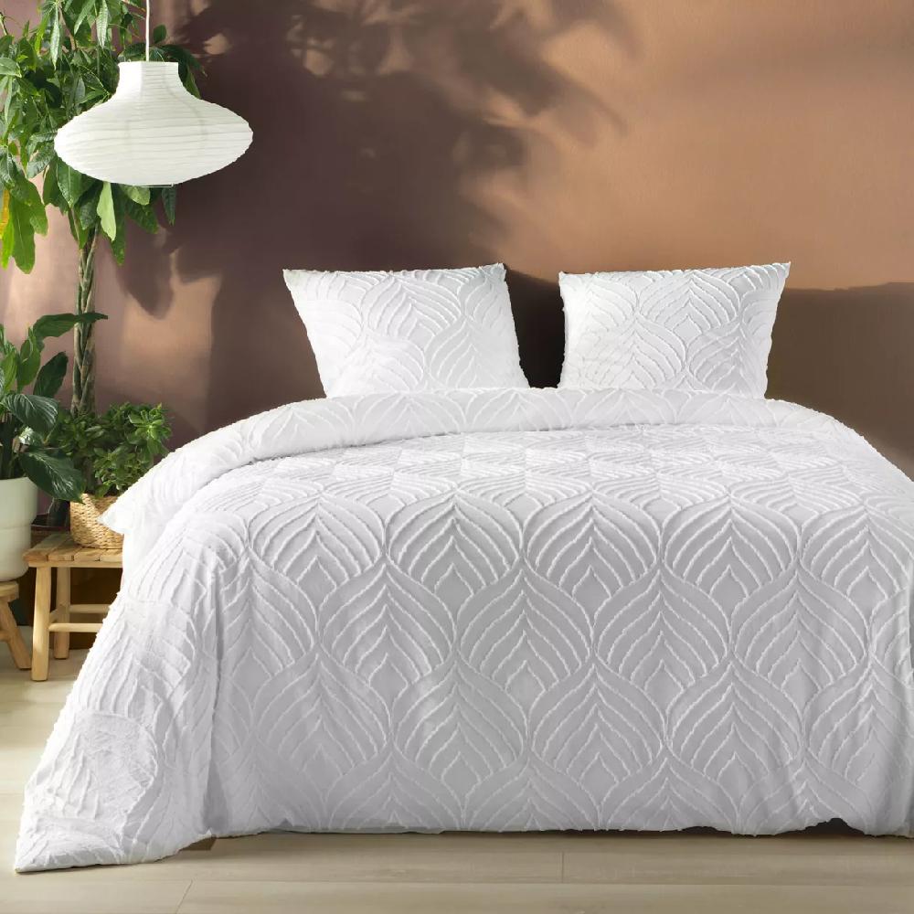eminza Housse de couette et deux taies microfibre tuftée (260 x 240 cm) Heltie Blanche