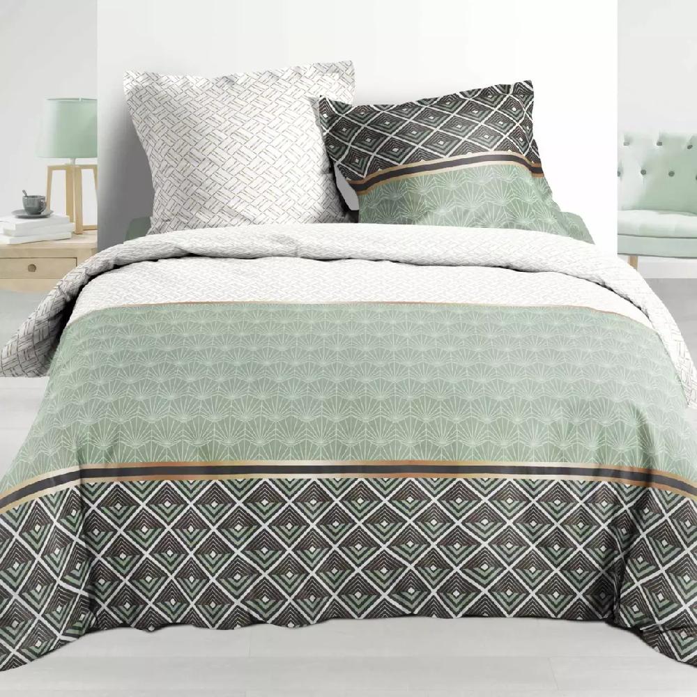 eminza Housse de couette et deux taies percale de coton (260 x 240 cm) Belor Verte