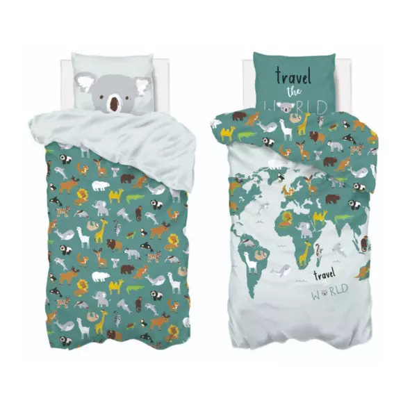 Eminza Housse De Couette Et Une Taie Enfant Coton (140 X 200 Cm) Carte Du Monde Bleue