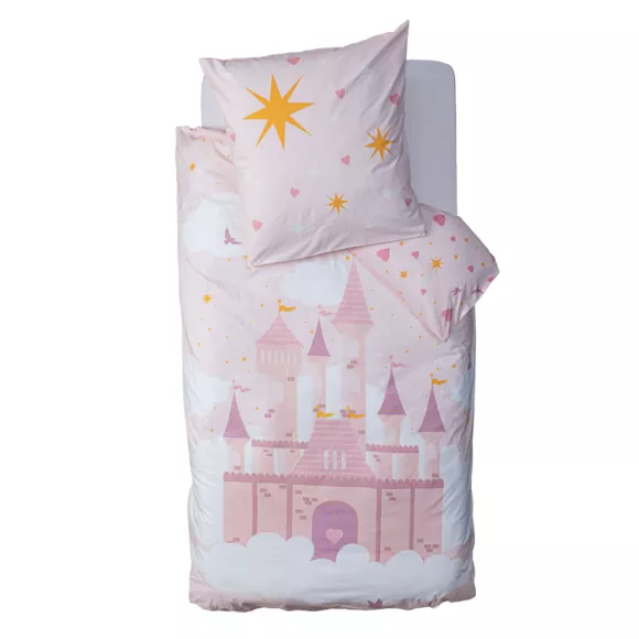 Eminza Housse De Couette Et Une Taie Enfant Coton (140 X 200 Cm) Château Rose