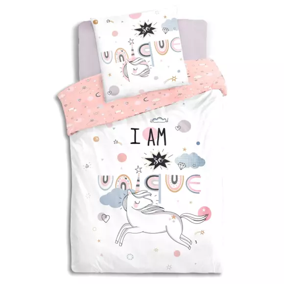Eminza Housse De Couette Et Une Taie Enfant Coton (140 X 200 Cm) Licorne Rose