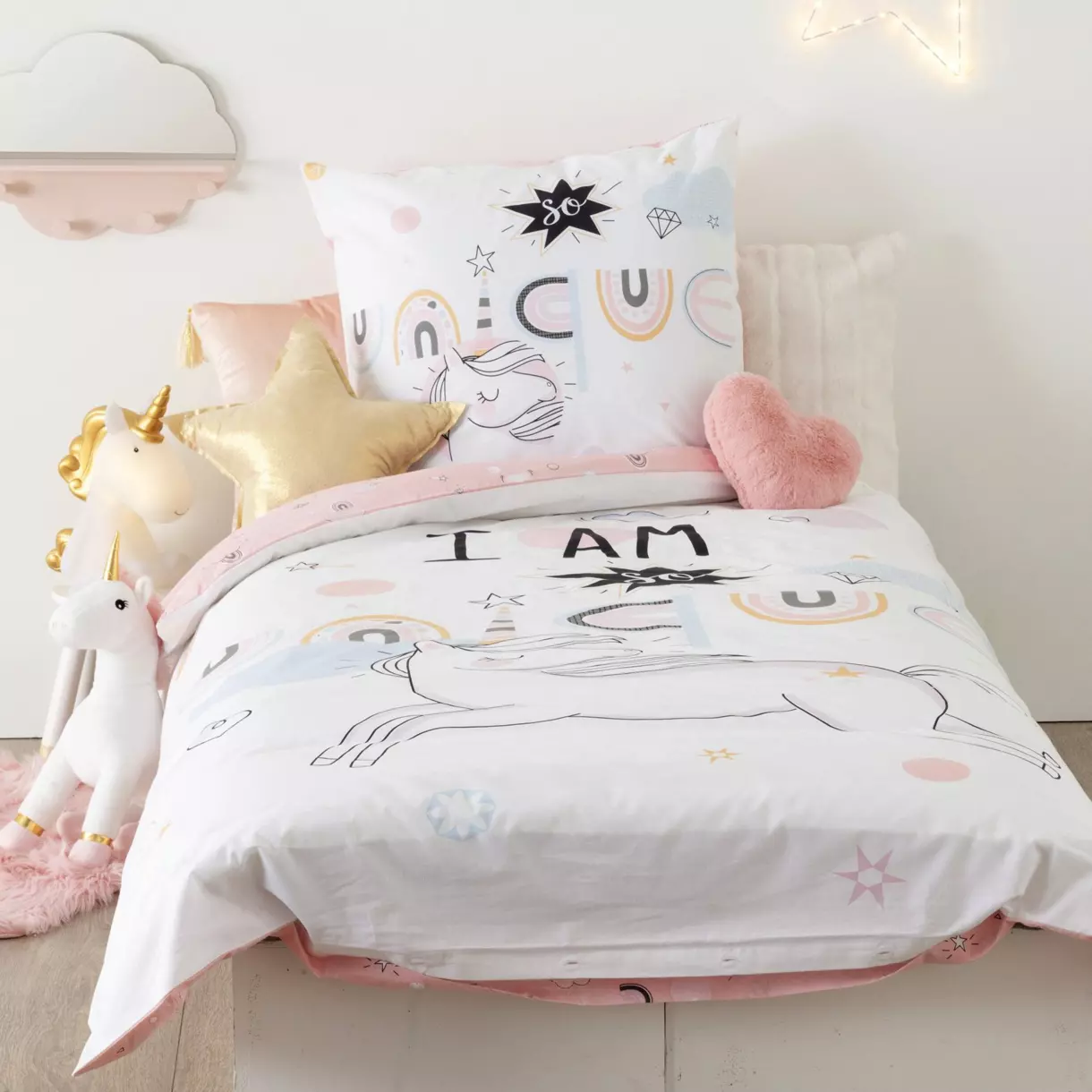 Eminza Housse De Couette Et Une Taie Enfant Coton (140 X 200 Cm) Licorne Rose
