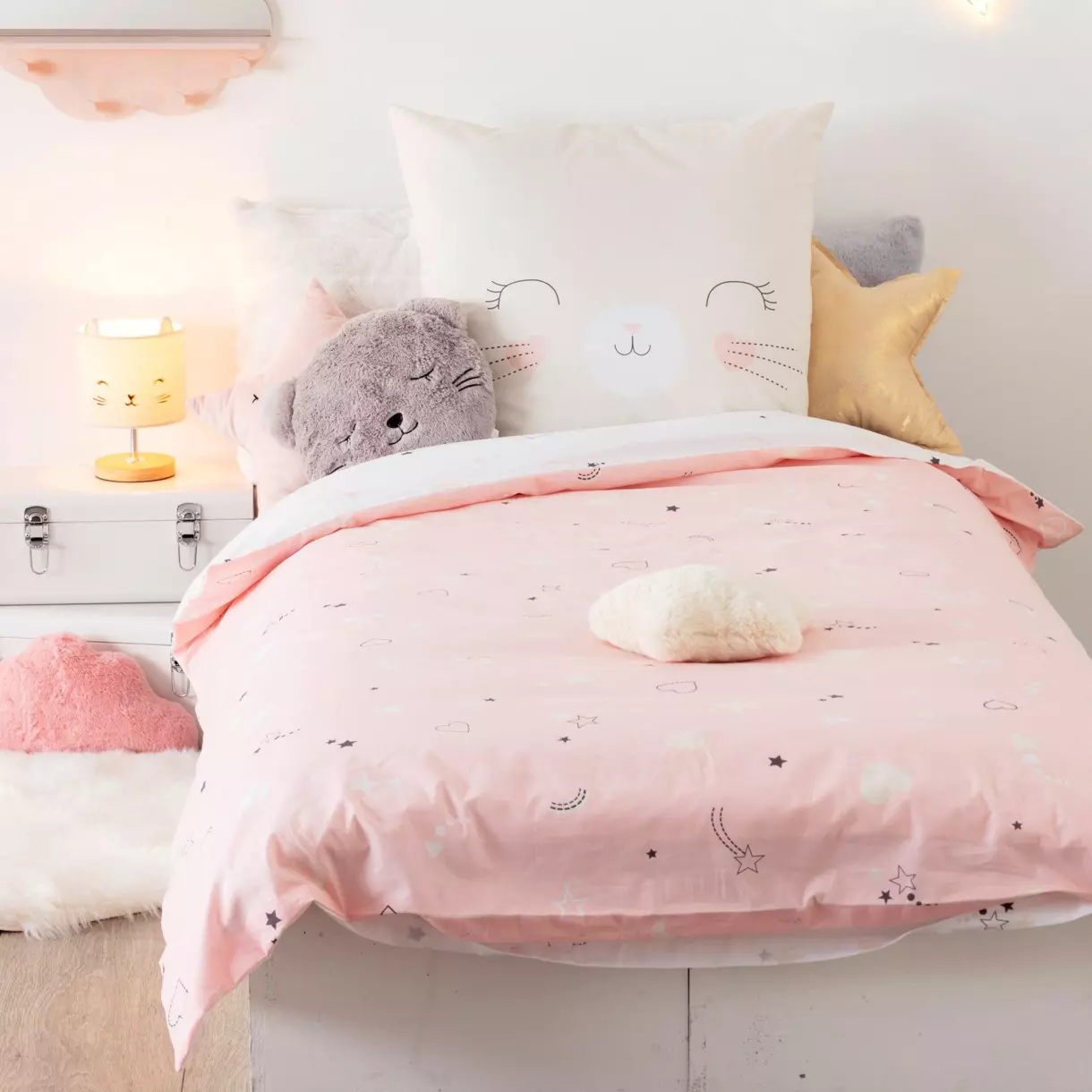 eminza Housse de couette et une taie enfant coton (140 x 200 cm) Chat Rose