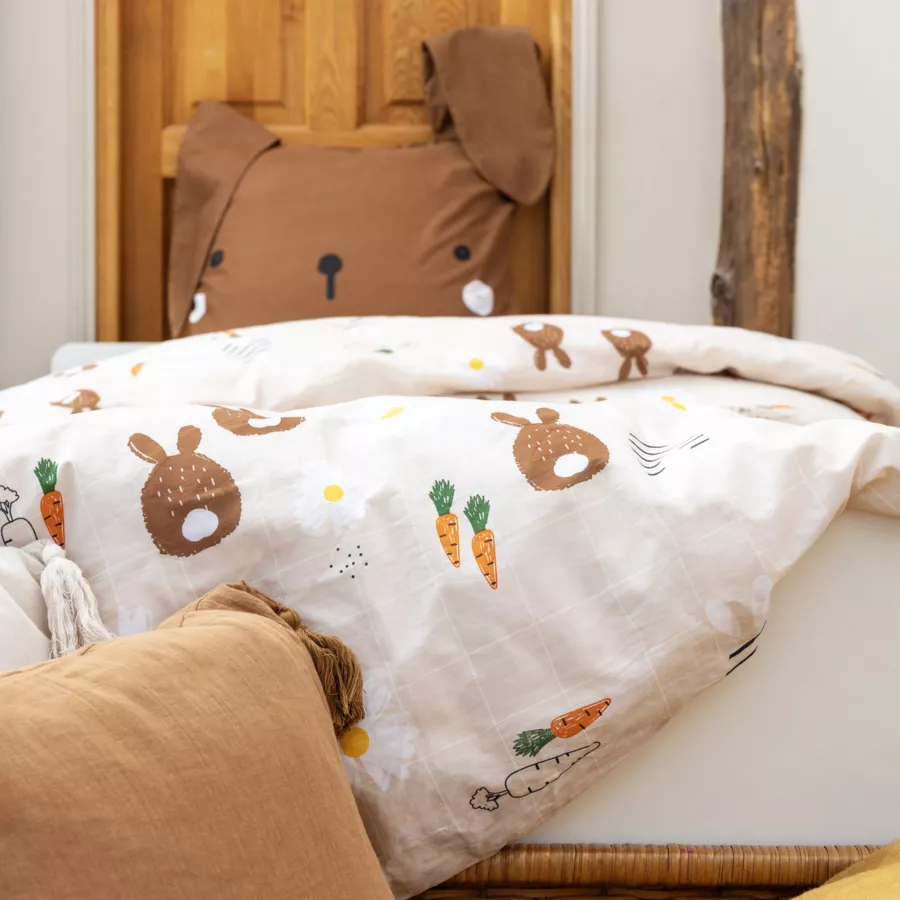 Eminza Housse De Couette Et Une Taie Enfant Coton (140 X 200 Cm) Pompon Marron