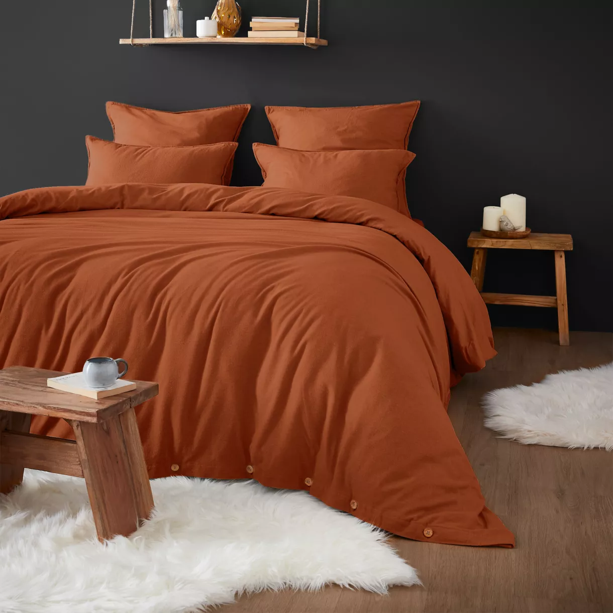 eminza Housse de couette flanelle de coton (240 x 220 cm) Théa Terracotta