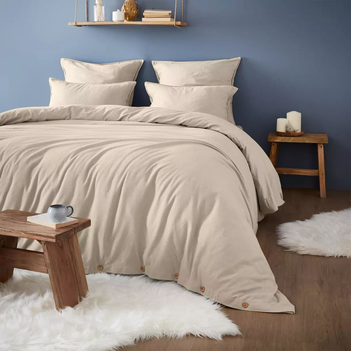 eminza Housse de couette flanelle de coton (260 x 240 cm) Théa Beige