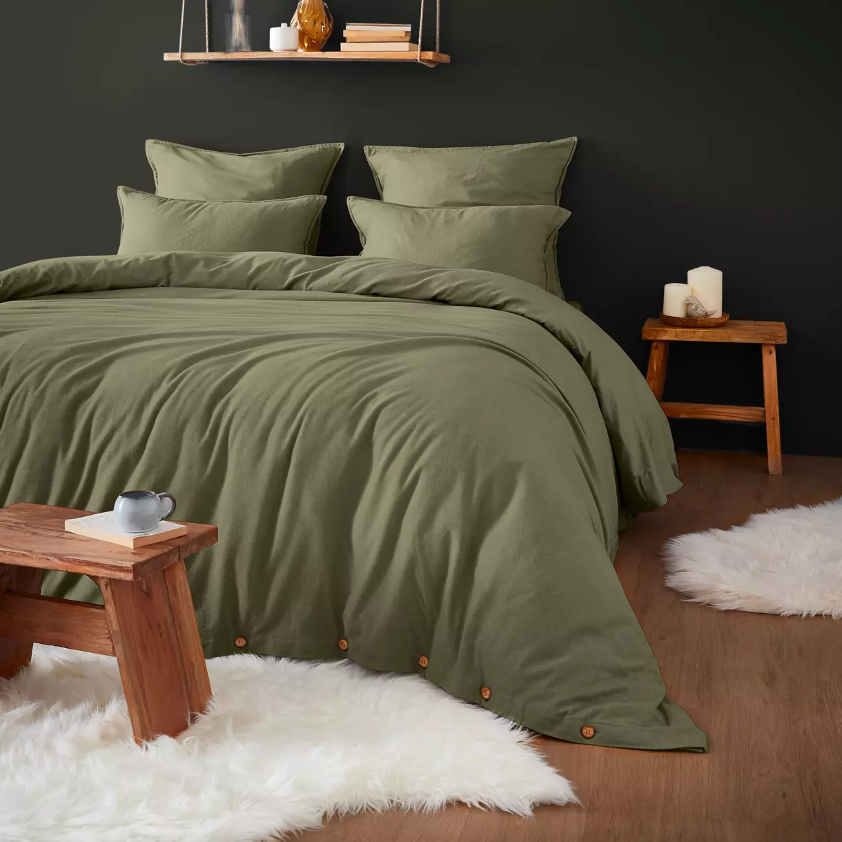 eminza Housse de couette flanelle de coton (260 x 240 cm) Théa Vert romarin