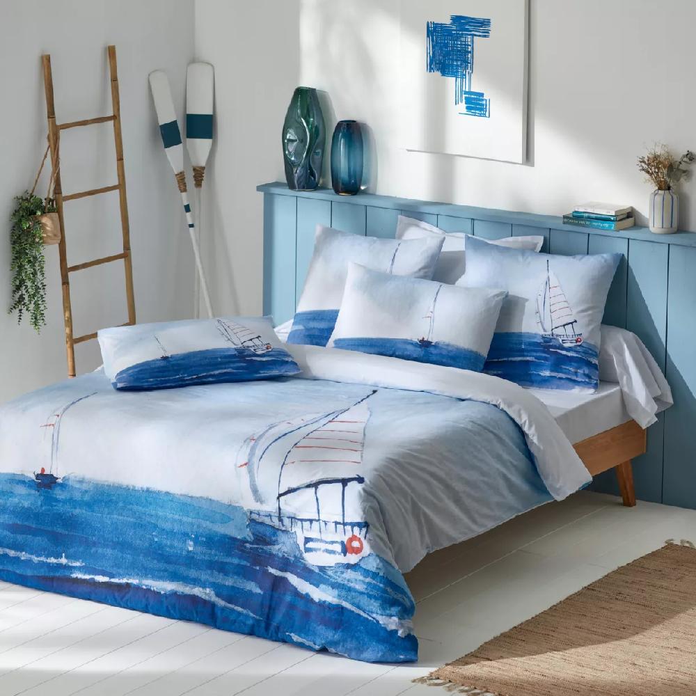 eminza Housse de couette percale de coton (200 x 200 cm) Regate Bleue