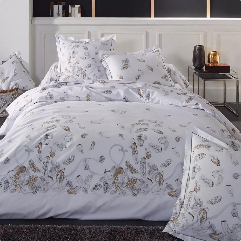 eminza Housse de couette percale de coton (260 x 240 cm) Plumes Grise