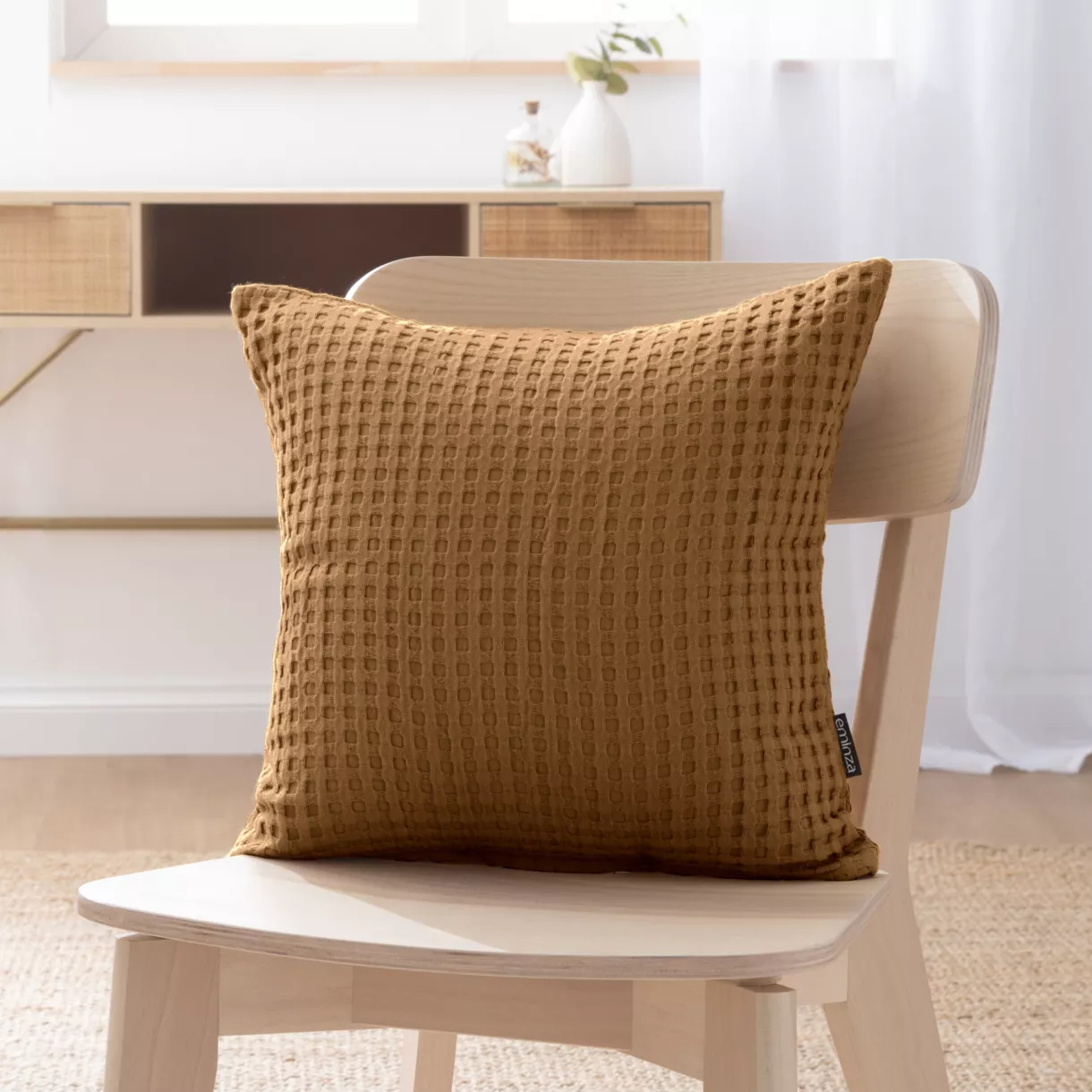 eminza Housse de coussin carrée coton nid d'abeille (40 x 40 cm) Maya Camel