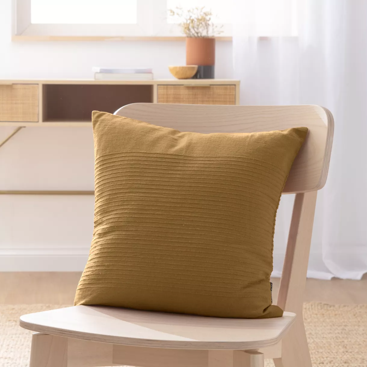 eminza Housse de coussin carrée coton tissé (40 x 40 cm) Léa Camel