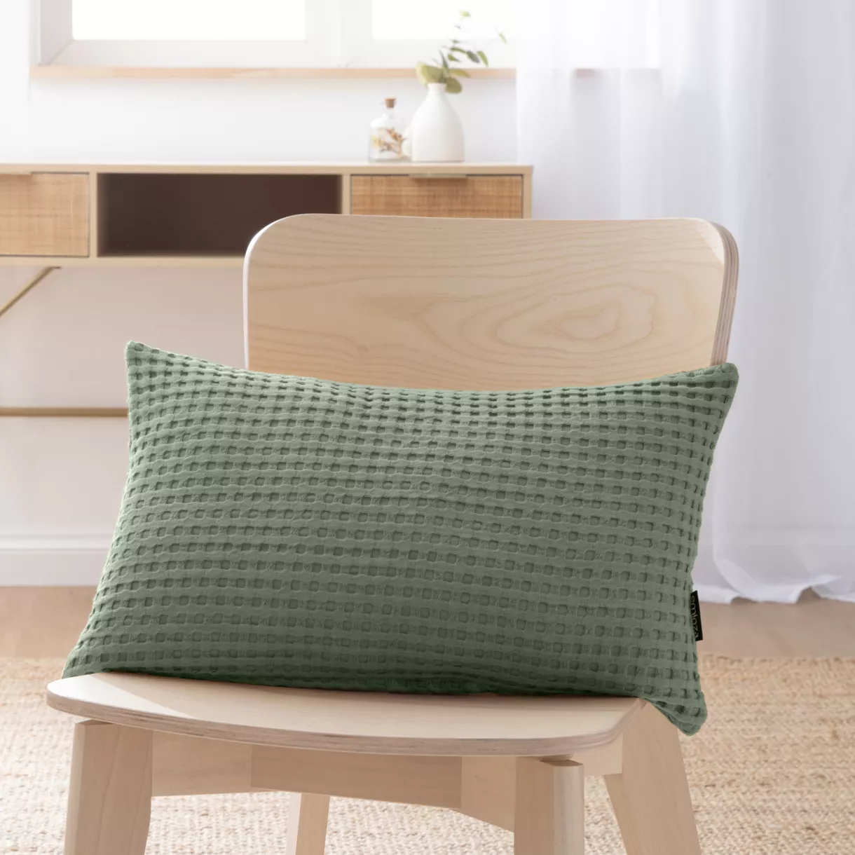 eminza Housse de coussin rectangulaire coton nid d'abeille (30 x 50 cm) Maya Vert romarin