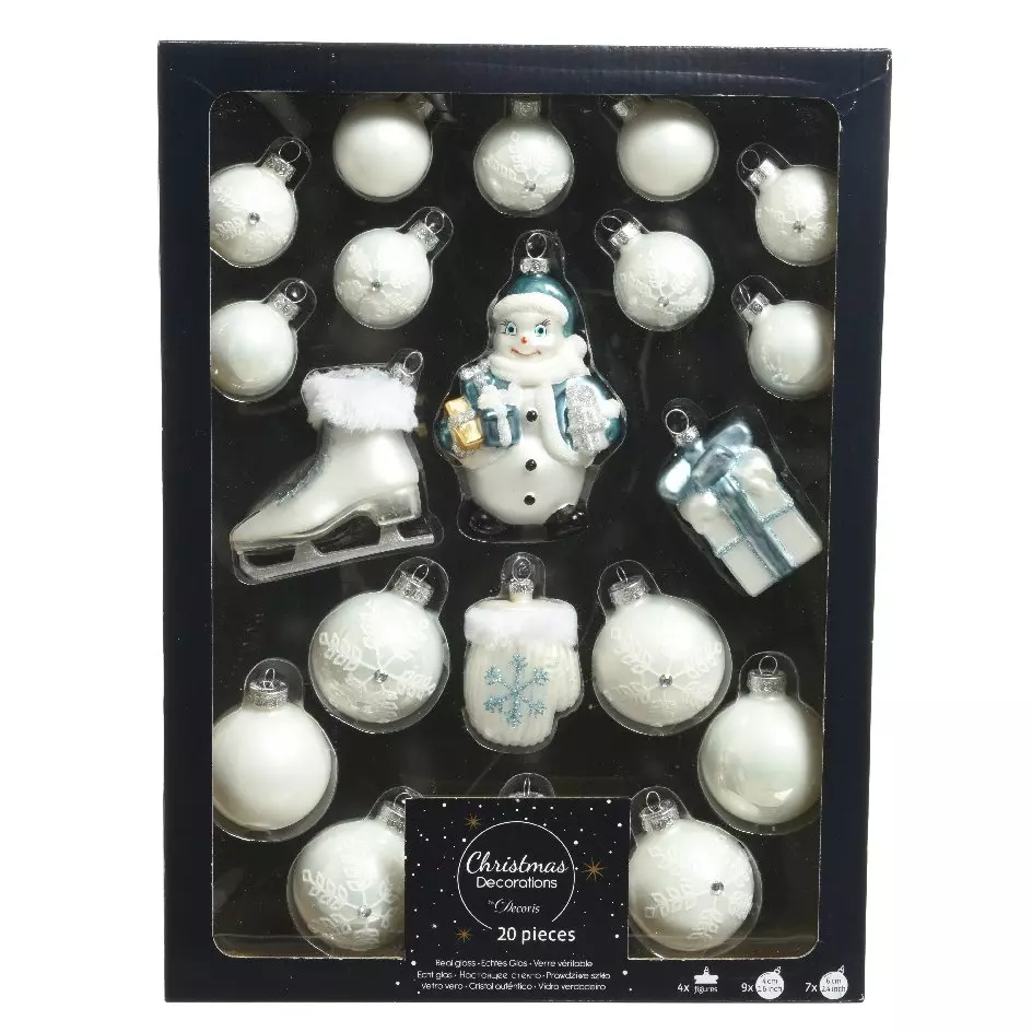 eminza Kit de décoration de sapin de Noël en verre Viggo Blanc