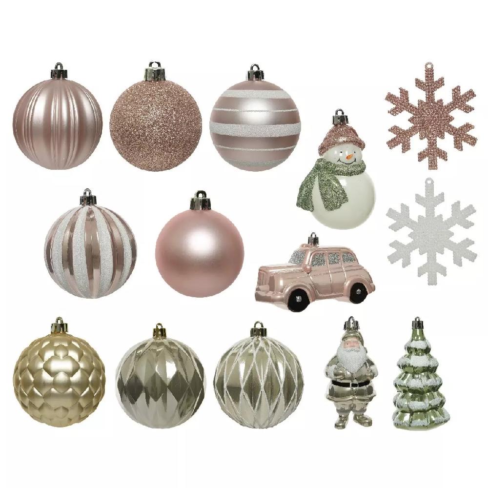 eminza Kit de décoration de sapin de Noël Tradition Vert sauge/Perle/ Rose poudré