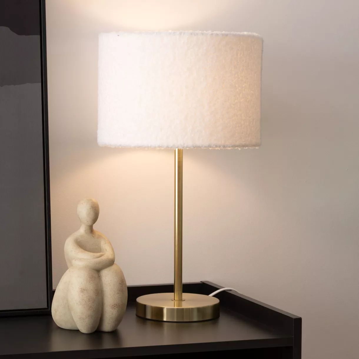 eminza Lampe à poser bouclette et métal (H49 cm) Tina Blanc et or