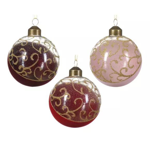 Eminza Lot De 12 Boules De Noël (D80 Mm) En Verre Arabesque Rouge