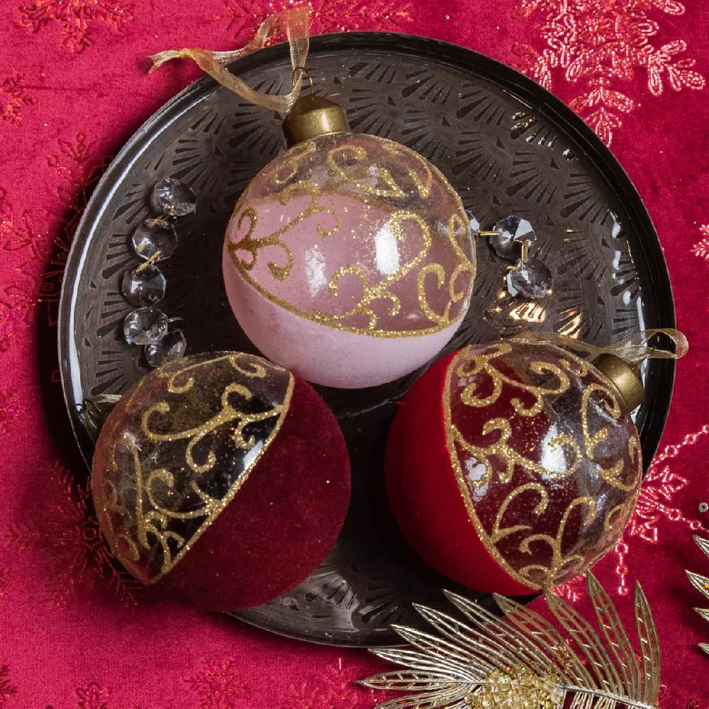 eminza Lot de 12 boules de Noël (D80 mm) en verre Arabesque Rouge