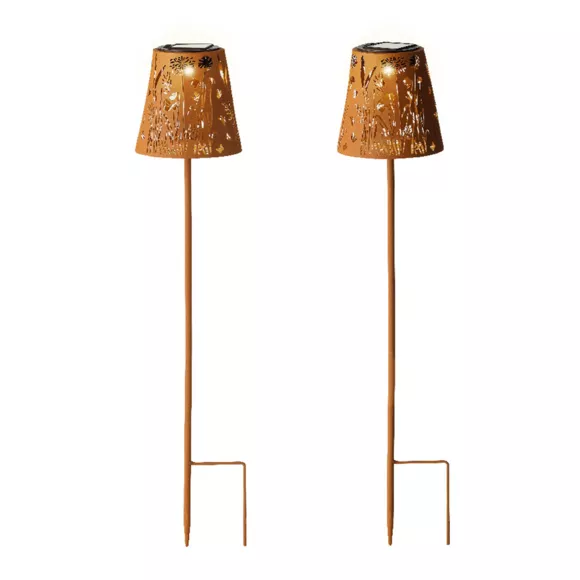 Eminza Lot De 2 Bornes De Jardin Solaire LED (H58 Cm) Floral Brun Rustique