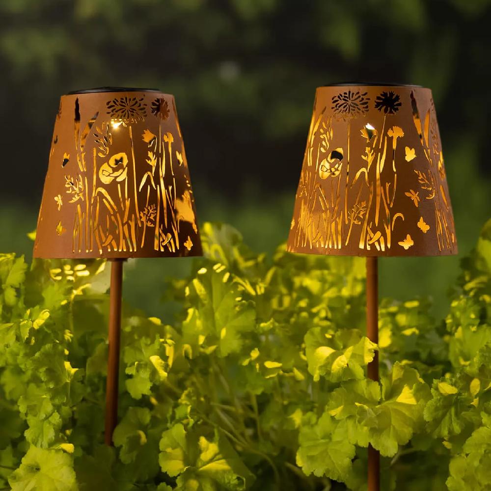 eminza Lot de 2 bornes de jardin solaire LED (H58 cm) Floral Brun rustique