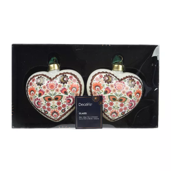 Eminza Lot De 2 Cœurs En Verre (H9 Cm) Bolchoï Fleuri Blanc Et Rose